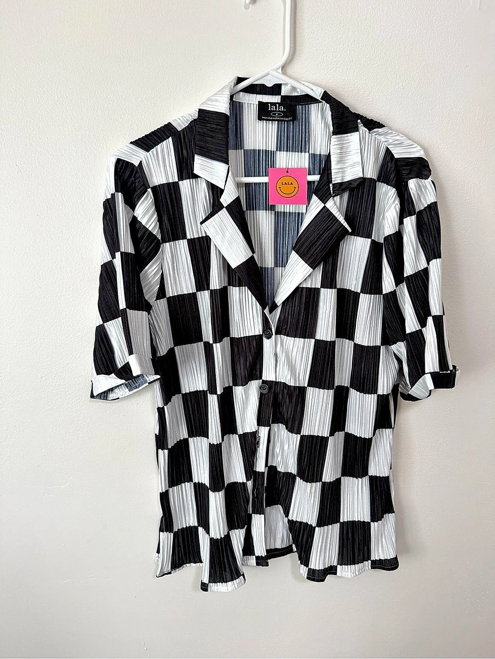 Dressed in LALA Checkered Button Down in Black & White Medium NWT